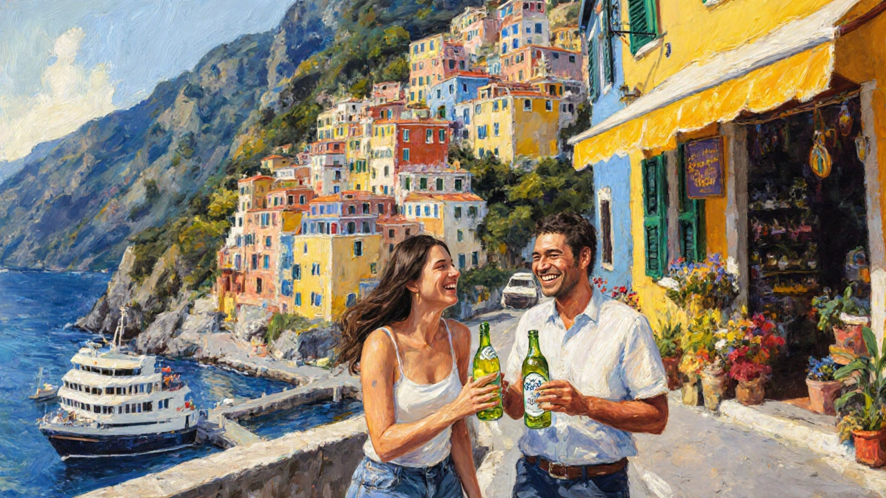 Strangers laughing while sharing limoncello at a colorful shop in Positano, cliffs and sea in background.