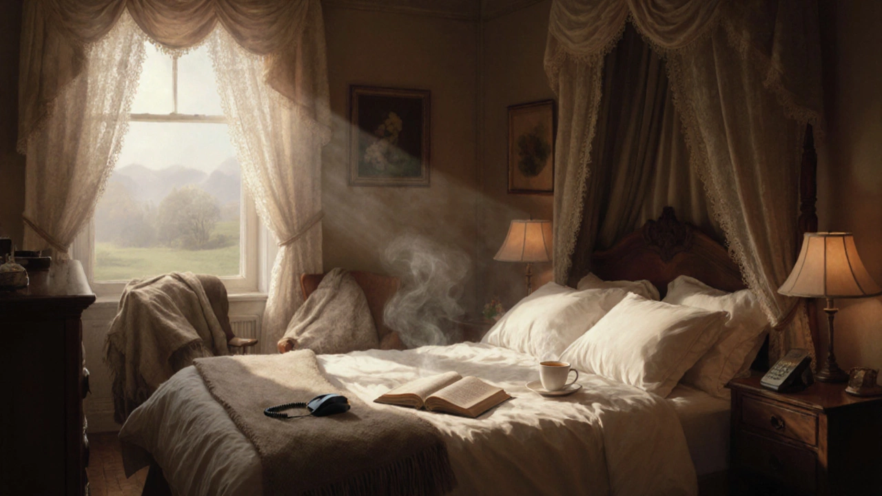 Sunlight streams into a cozy B&amp;B bedroom with coffee and an open book on the bed.