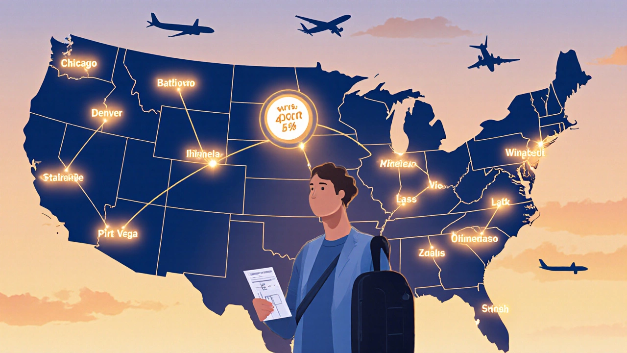 Traveler holding boarding pass above U.S. map with glowing discount routes.
