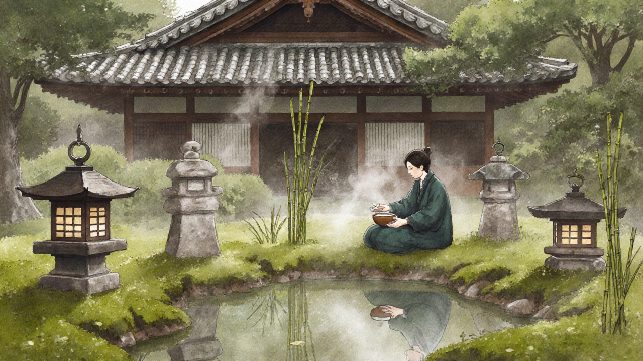 Two people sitting quietly in a moss garden in Kyoto, holding tea bowls, mist rising around stone lanterns.