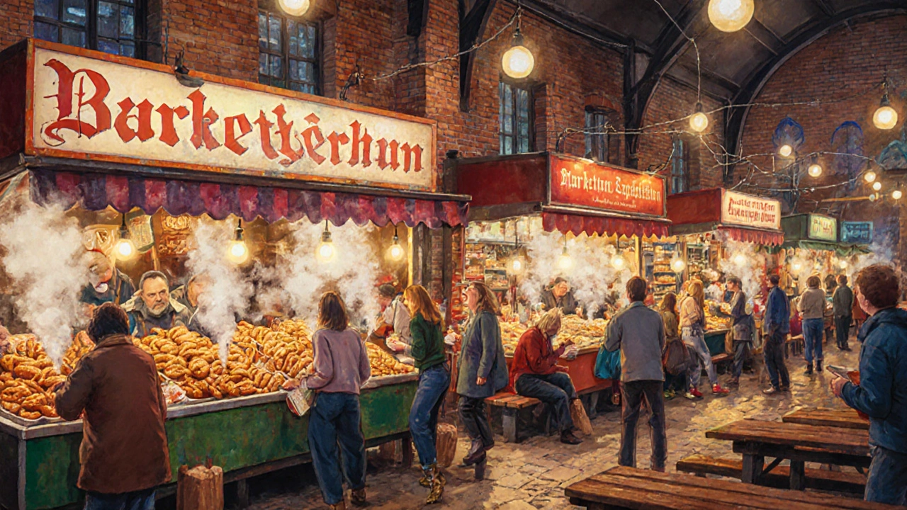 Vibrant street food stalls in Berlin&#039;s market, steaming currywurst and pretzels under warm lights.
