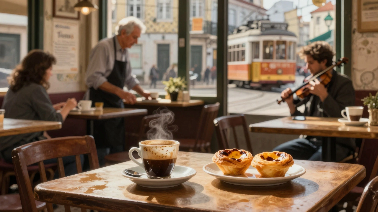 A cozy Lisbon café with sunlight on pastries and a violinist playing outside.