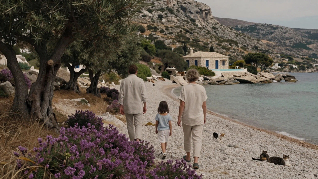 A family walks quietly along the coastal cliffs of Sifnos, Greece, in autumn with a secluded villa nearby.