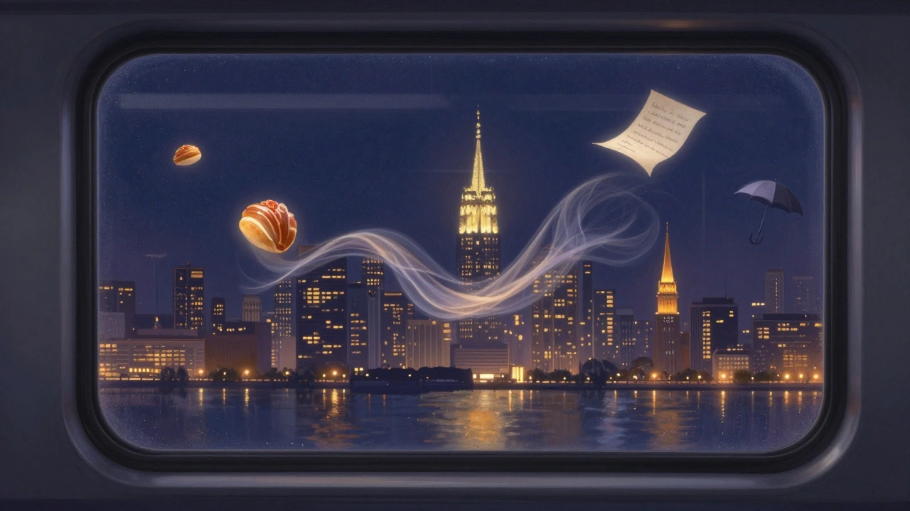A glowing city skyline reflected in a train window with abstract memories floating like glowing fragments.