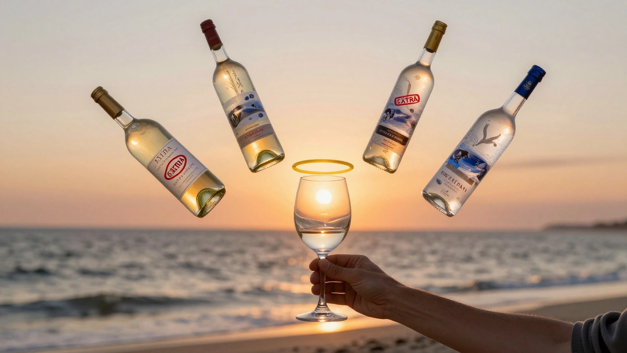 A guest holding a basic drink while premium alcohol floats above marked &#039;EXTRA&#039;.