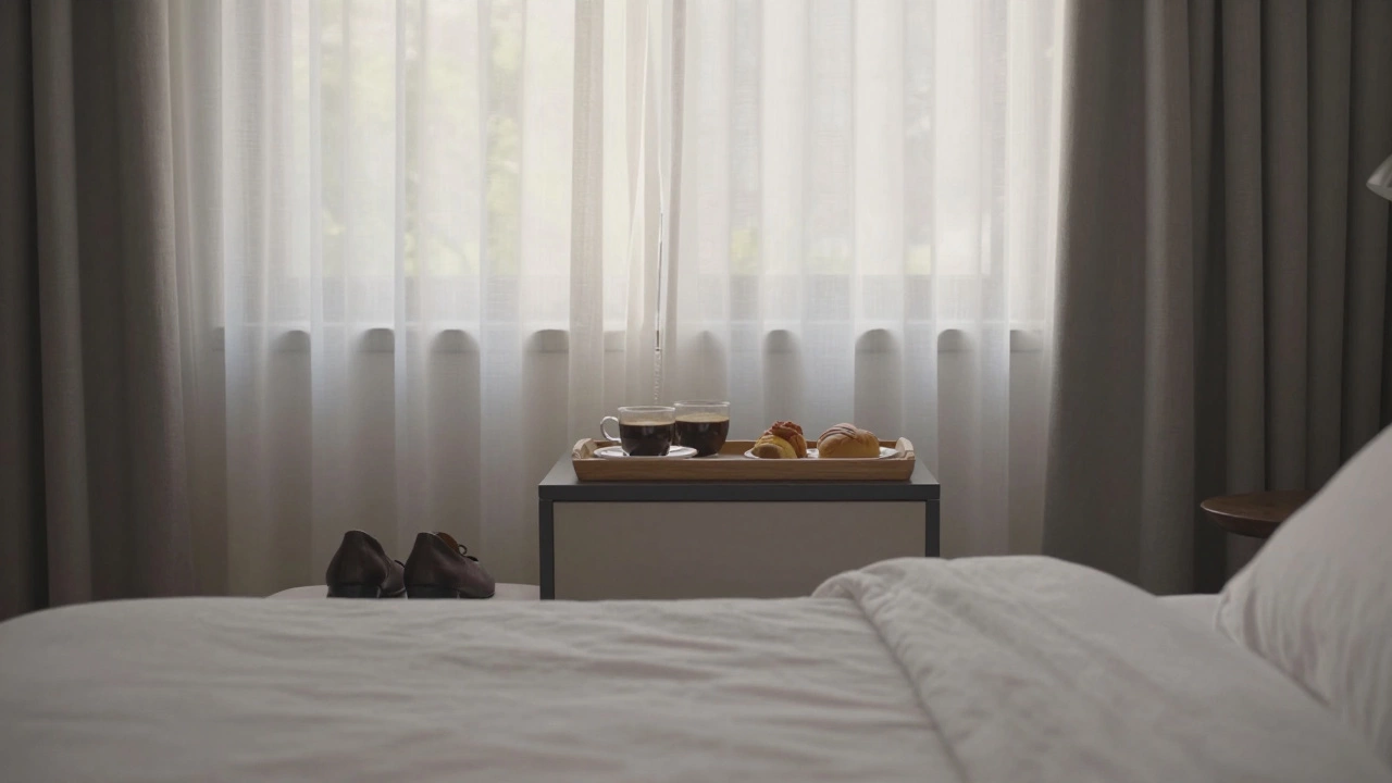 A peaceful hotel room at sunrise with coffee and no electronics, warm and intimate.