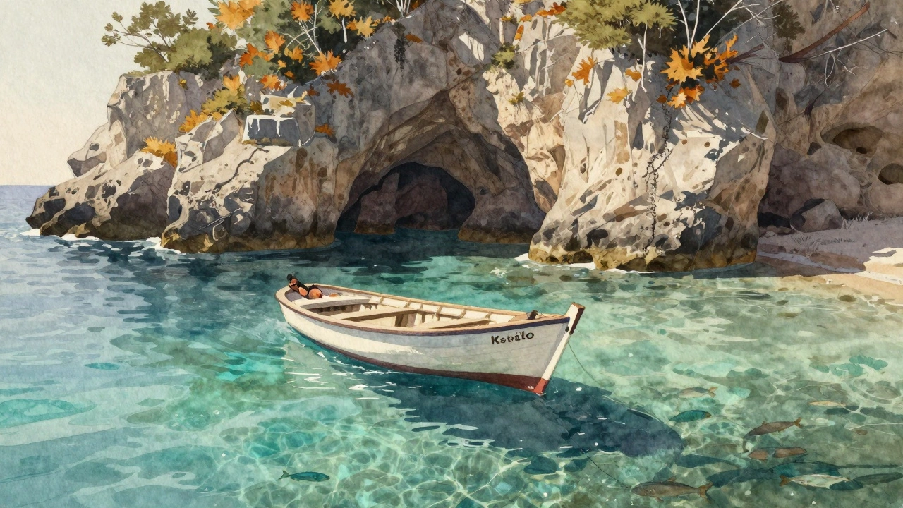 A small boat in clear Albanian waters with a diver jumping toward limestone cliffs.