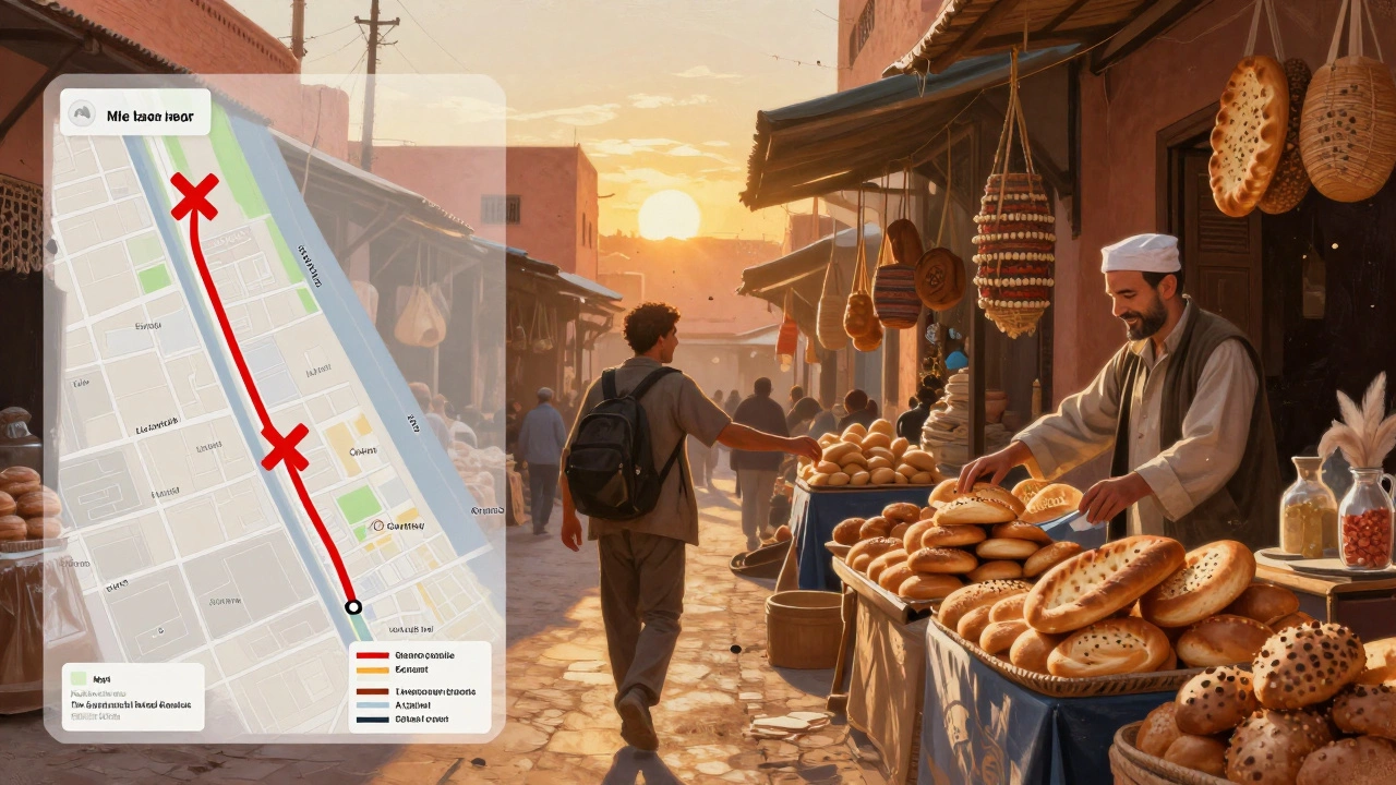 A traveler buys bread from a local vendor in a vibrant market, while a ghostly tour map overlays the scene.