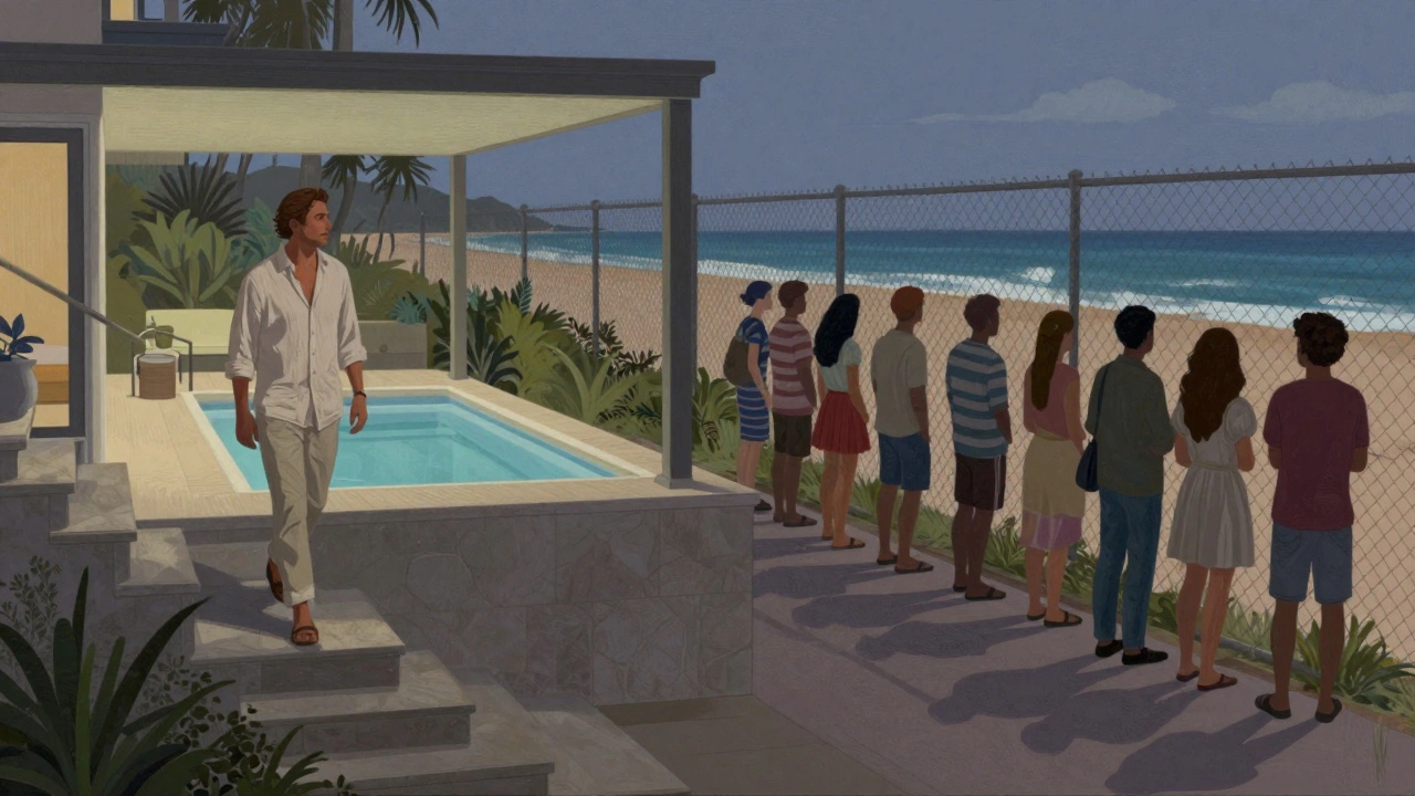 A wealthy resident walks down a private staircase to the beach while others are barred from access behind a fence, highlighting wealth disparity.
