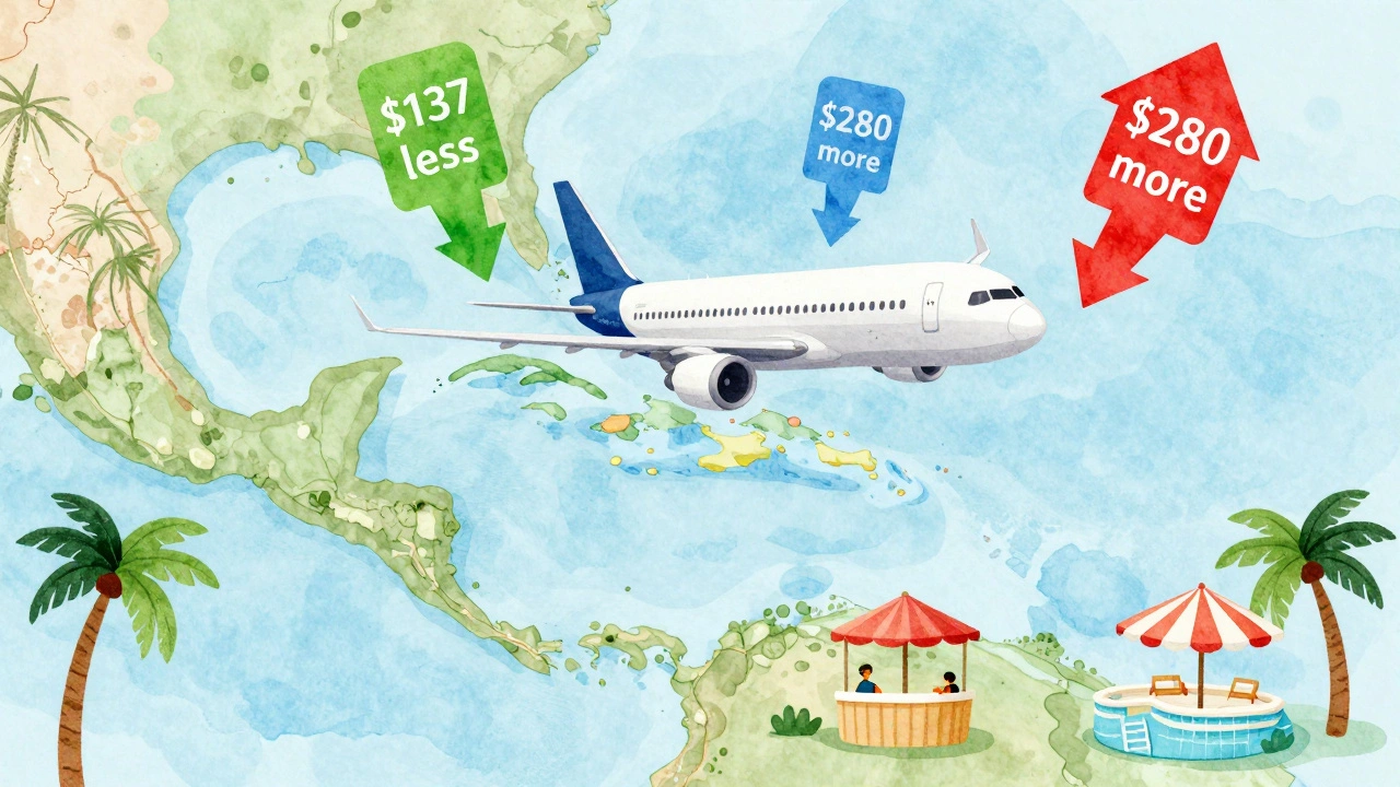Airplane flying over Caribbean map with price tags showing savings on midweek flights.