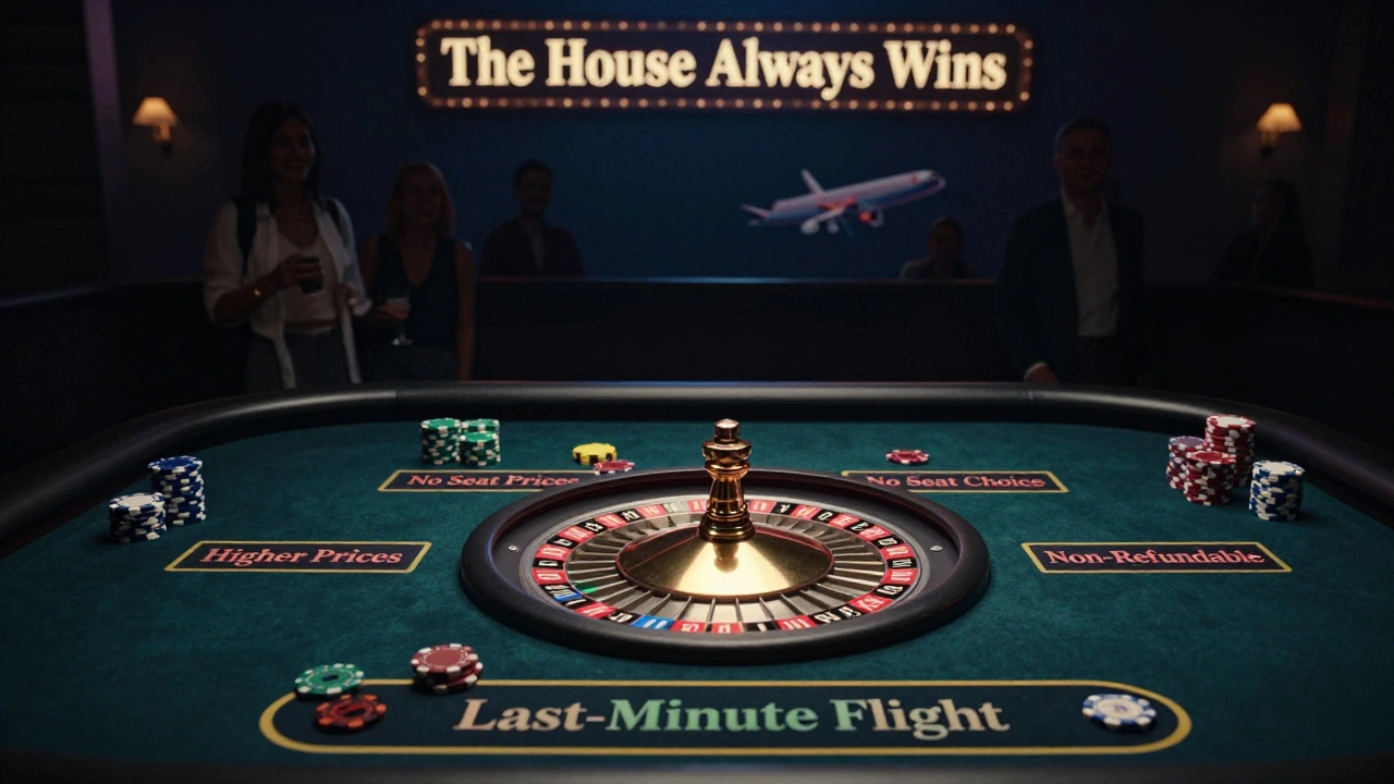 Airplane token on casino roulette wheel labeled 'Last-Minute Flight.'