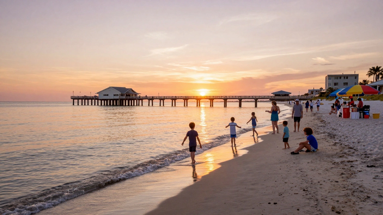 Clearwater Beach at sunset with families near Pier 60 and glowing sky