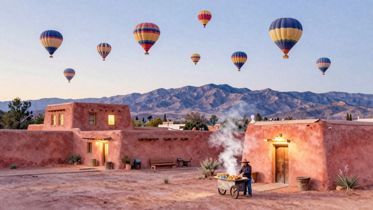 Colorful hot air balloons floating over Albuquerque's Old Town at sunrise, adobe buildings below in soft morning light.