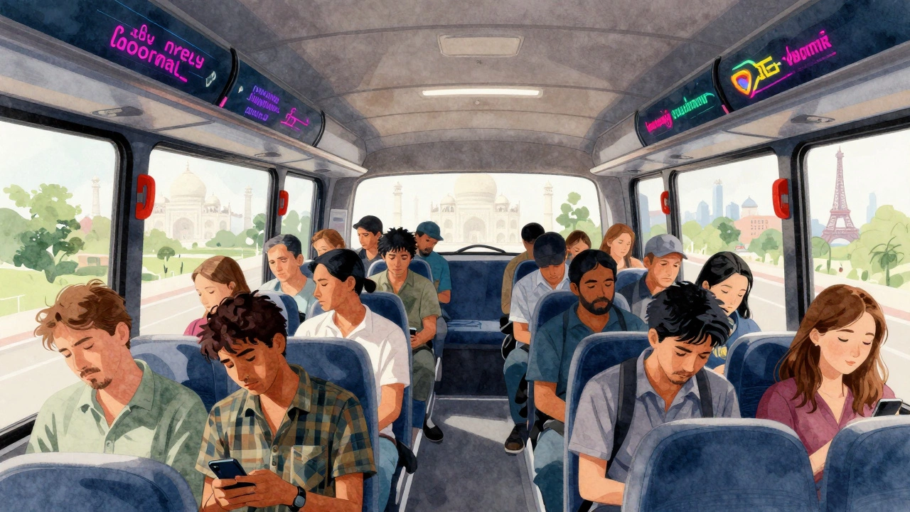Crowded tour bus interior with tired passengers passing famous landmarks outside the window.