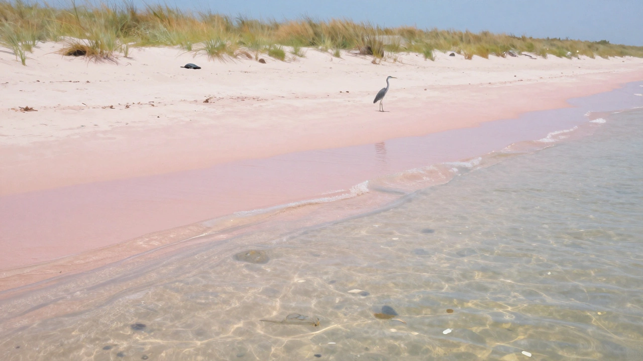 Daufuskie Island's pink sand beach with heron in marsh and crystal-clear water, untouched by development.