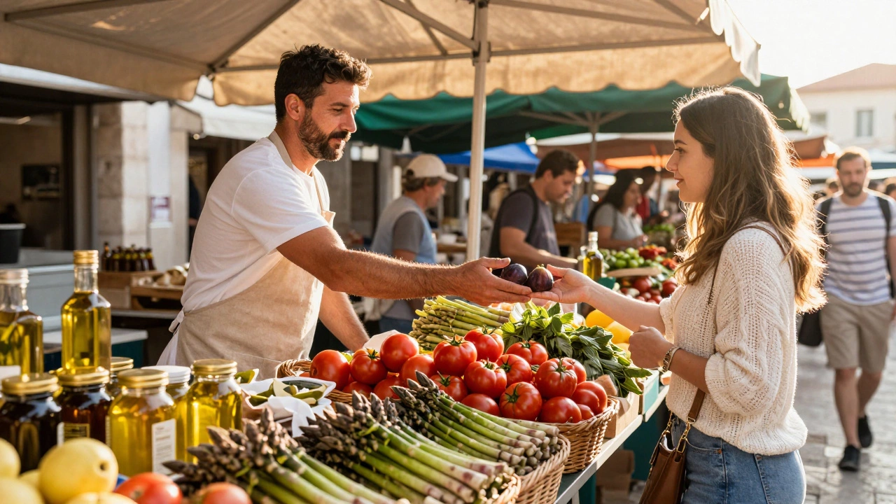 Fresh produce at Split's morning market: tomatoes, asparagus, and olive oil in woven baskets.