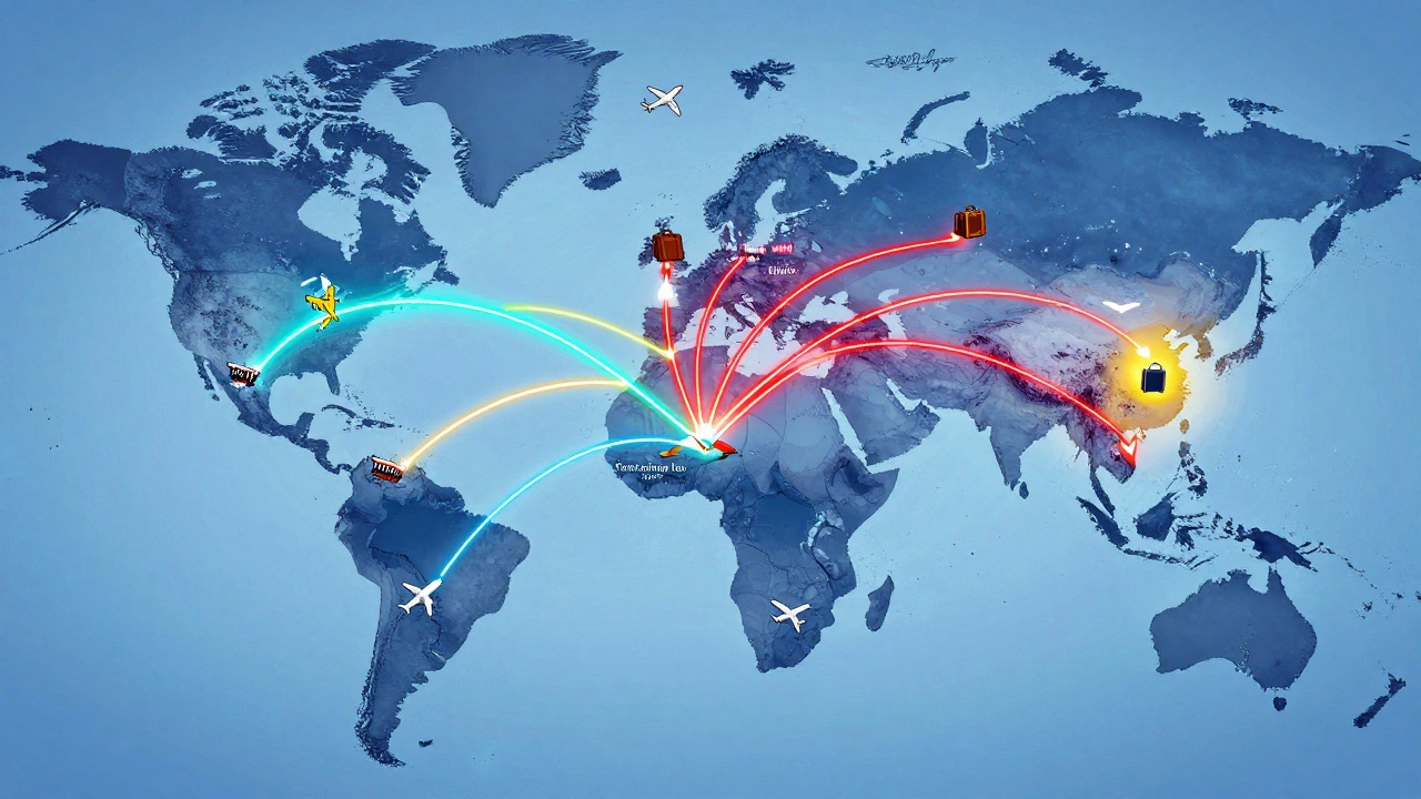 Global map with glowing flight routes showing cheapest midweek departures in blue.