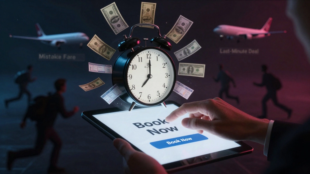 Hand clicking &#039;Book Now&#039; at 3 a.m. as flight deals swirl around a tablet screen.