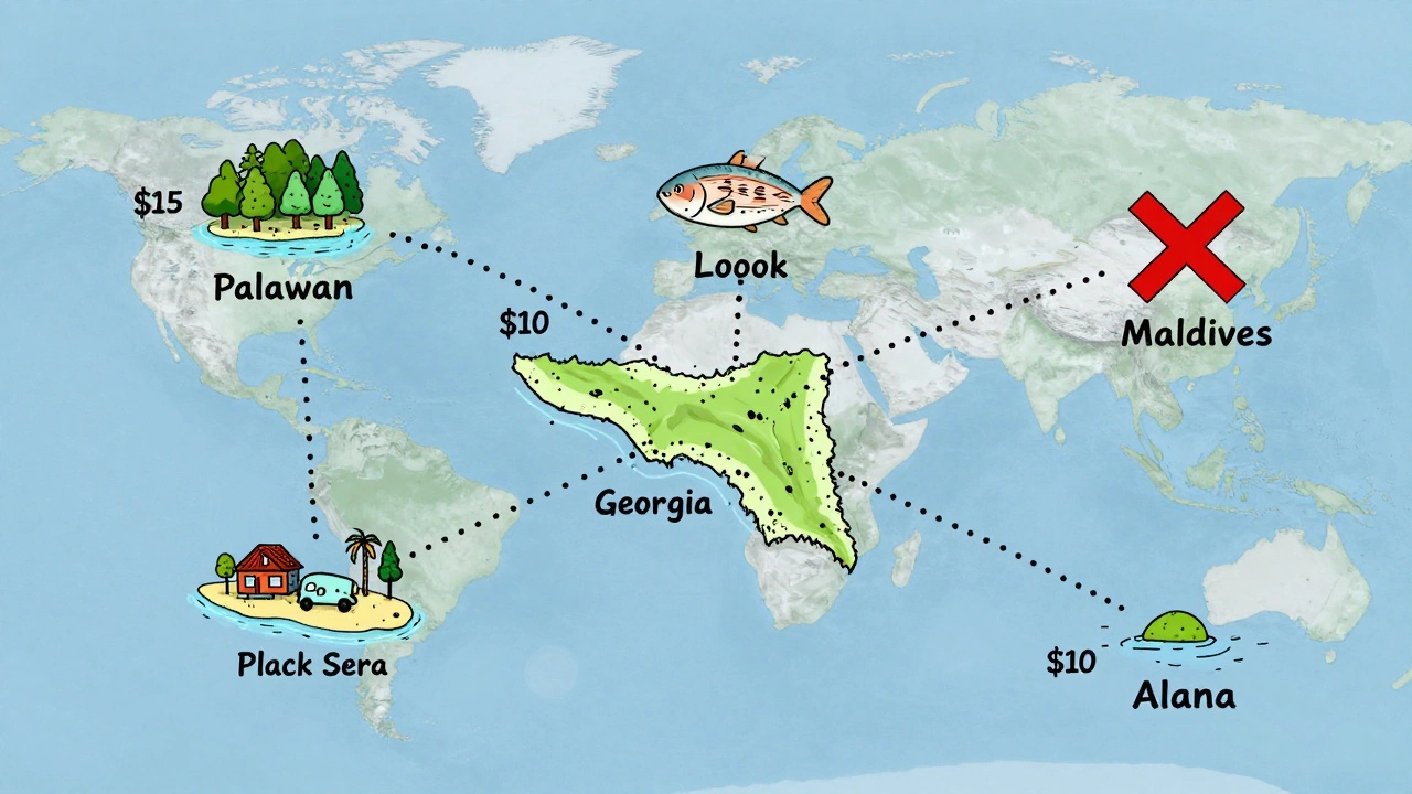 Hand-drawn map of five budget islands with icons for low-cost stays and meals.