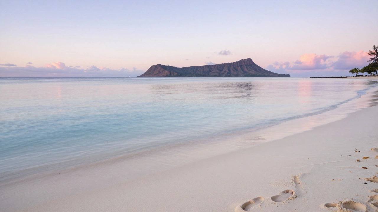 Lanikai Beach with crystal-clear water and distant islands at sunrise