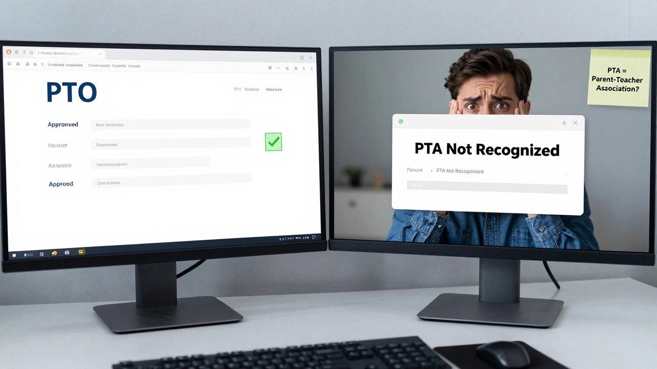 Office desk with approved PTO request and error message for non-existent PTA, confused employee looking on.