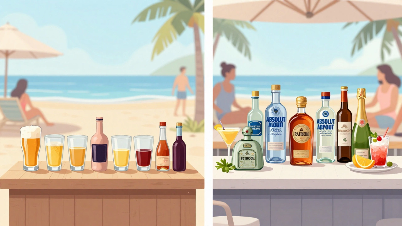 Side-by-side comparison of basic and premium drink options at an all-inclusive resort.