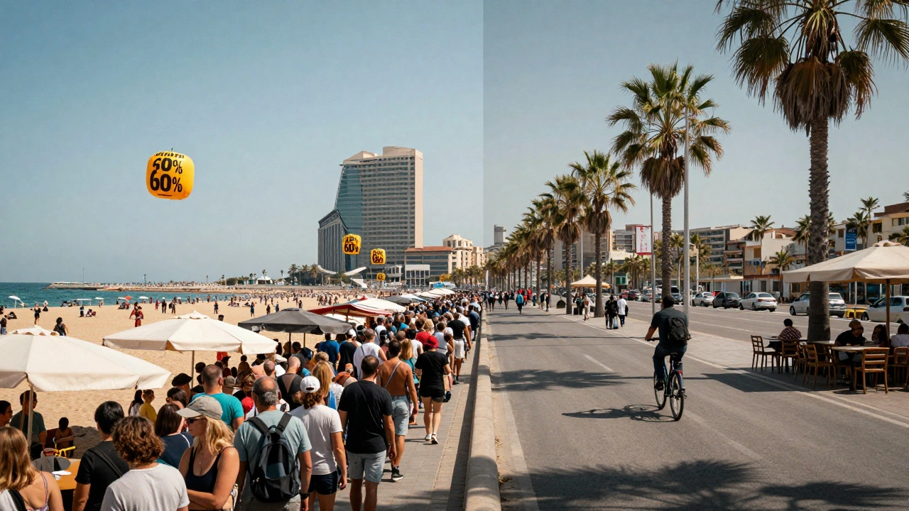 Split image: crowded Barcelona in July vs. peaceful same street in late September.
