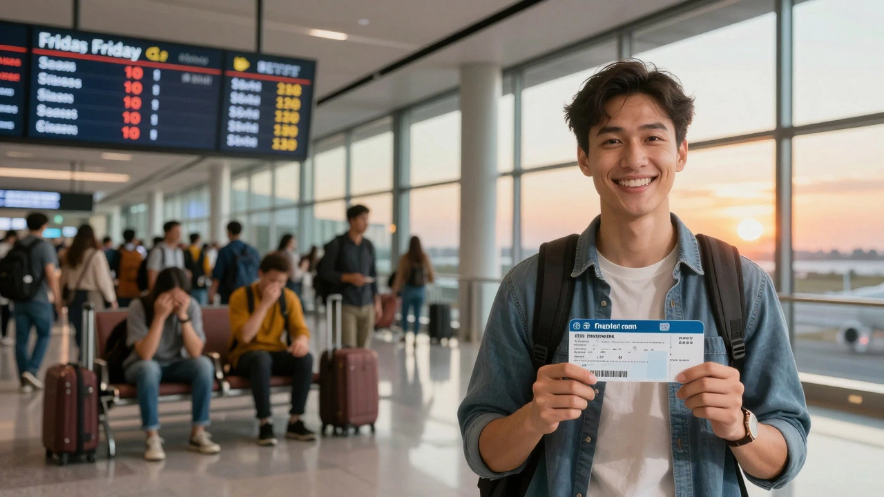 Split scene: busy Friday airport vs. peaceful Tuesday airport with beach view in background.