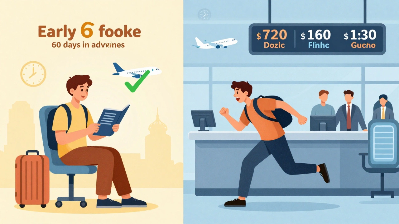 Split-screen: calm early booker vs. frantic last-minute traveler.