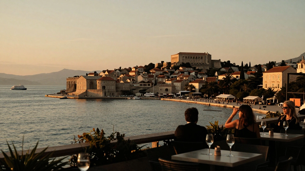 Sunset over Split from Marjan Hill, rooftops and sea glowing in golden light.