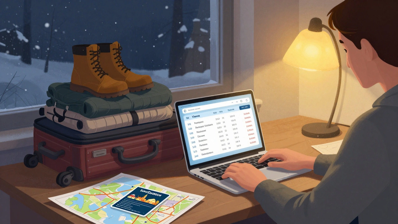 Traveler reviewing flight deals on a laptop with winter gear nearby in a cozy room.