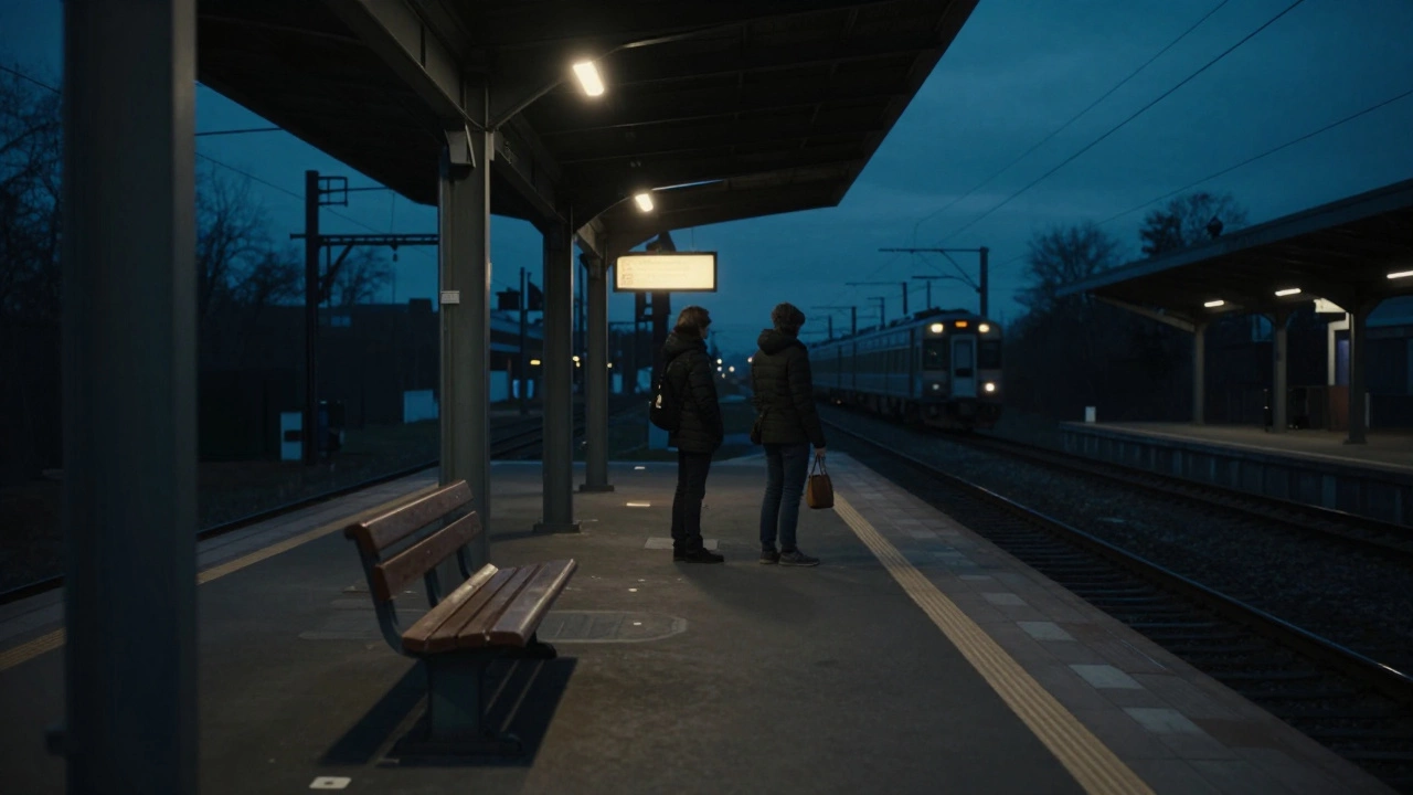 Two people standing on a deserted train platform at dusk, a train approaching in the distance.