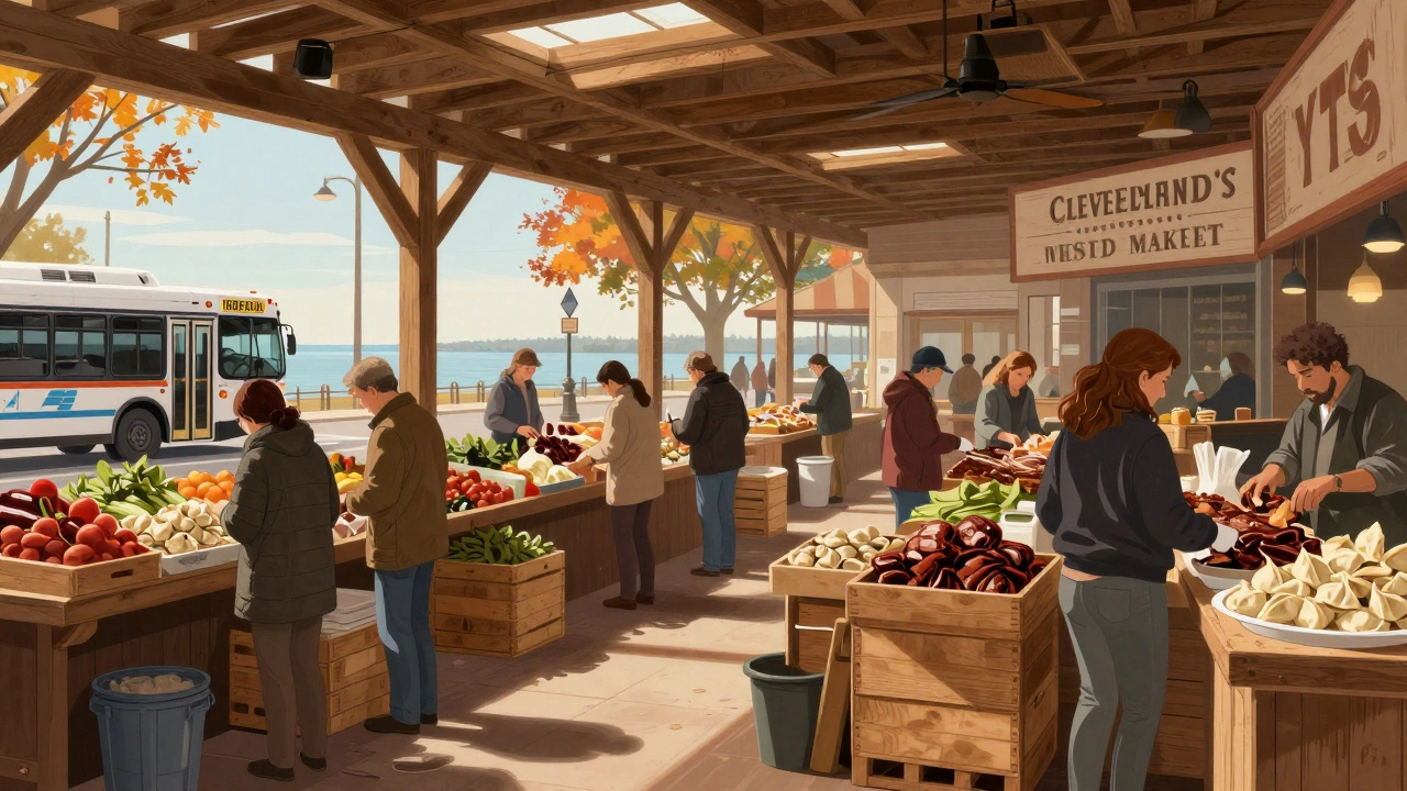 Vibrant West Side Market in Cleveland with locals shopping for fresh food under wooden rafters, Lake Erie in the distance.