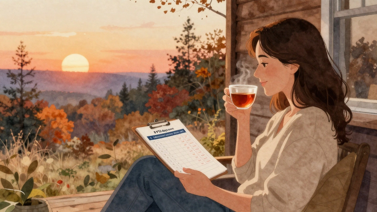 Woman relaxing on a cabin porch at sunset, spreadsheet shows efficient use of PTO for multiple getaways.