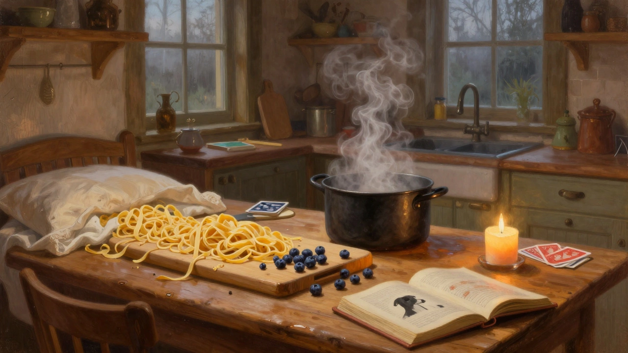 A cozy cottage kitchen at dusk with pasta on the table, wild blueberries, a candle, and an open book under warm lighting.