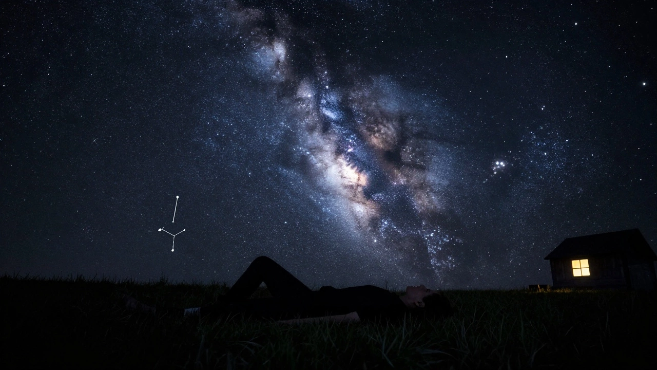 A person lies on grass under a brilliant Milky Way, a distant cottage window glowing softly in the night.