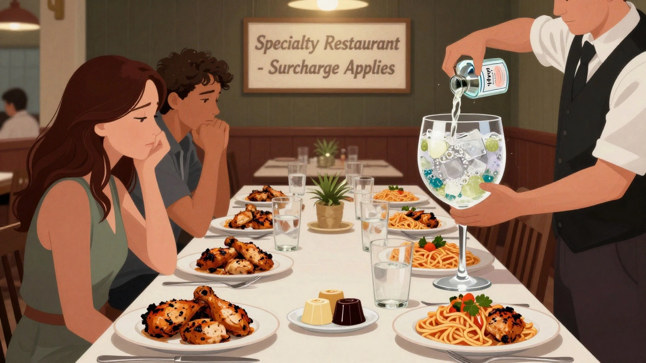 A resort buffet with repetitive food and a bartender serving a tiny drink in a large glass.