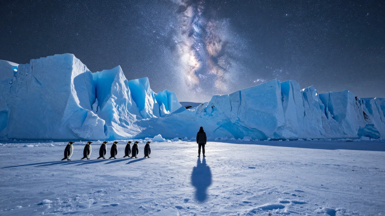 A solitary figure on an Antarctic ice shelf under a star-filled sky with penguins nearby.