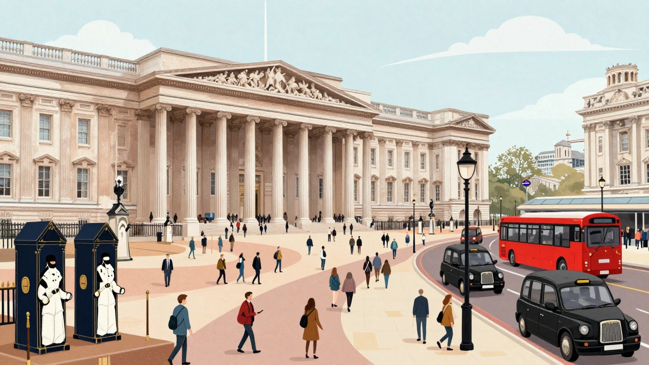 Collage of iconic London landmarks filled with flowing crowds in artistic style.