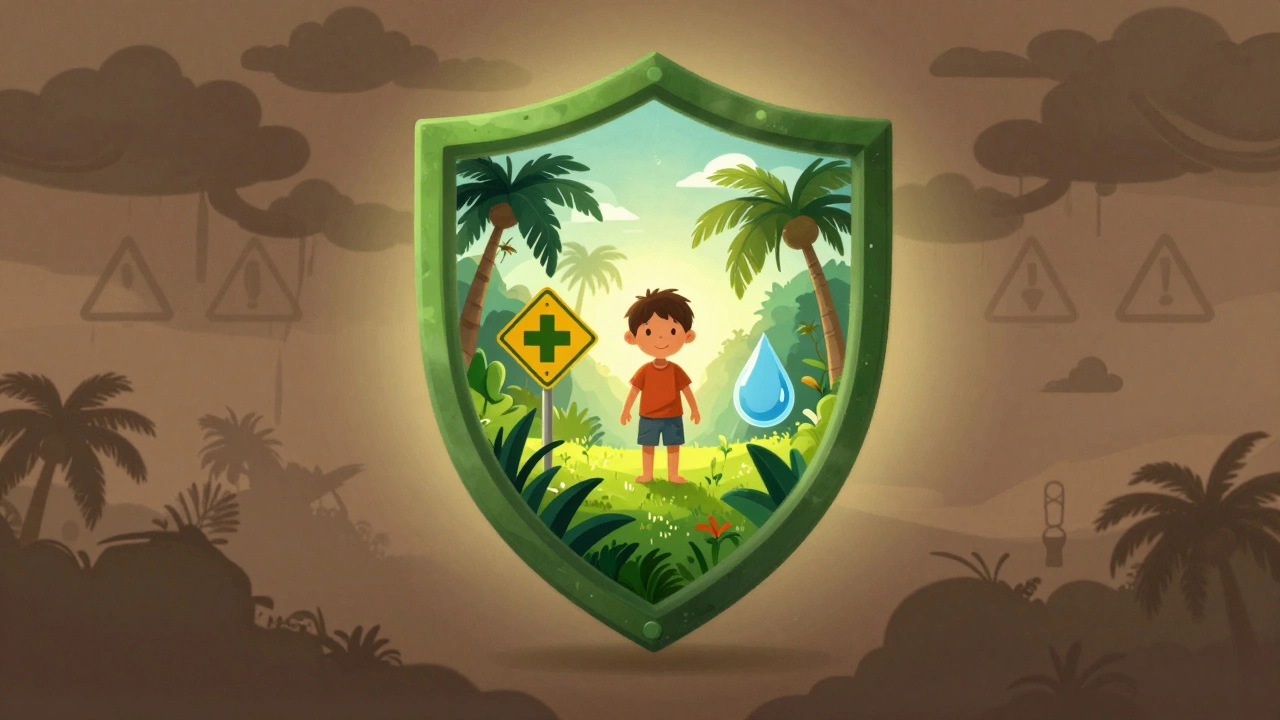 Costa Rica depicted as a protective green shield embracing symbols of safety, health, and clean water.