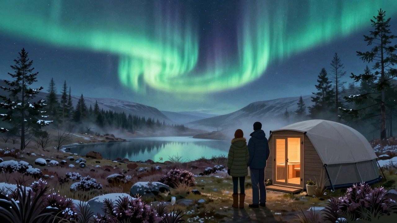 Couple watching the Northern Lights over a glamping dome in the Scottish Highlands.