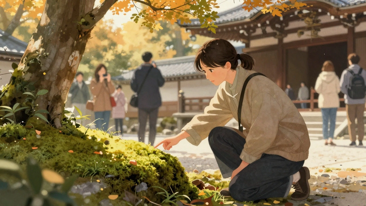 Guide gently speaking to a quiet visitor among moss-covered temple ruins in Kyoto at sunset.
