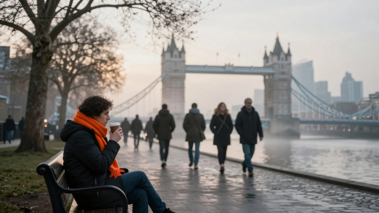 Local person on Regent’s Canal at dawn, blurred tourists in background.