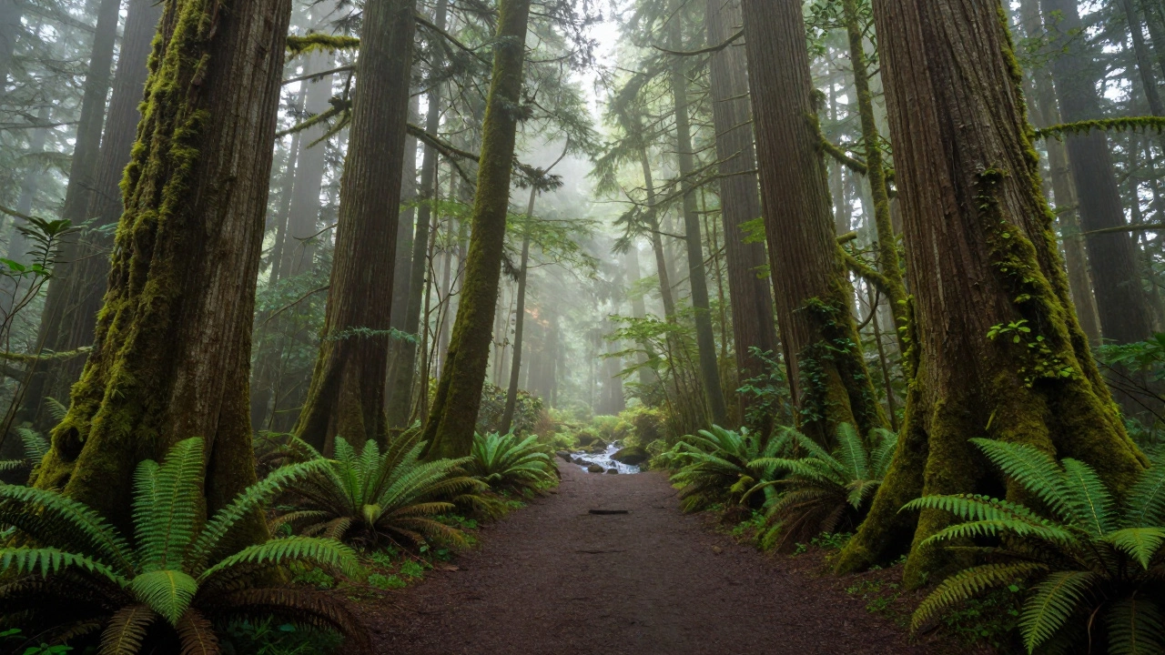Moss-covered rainforest path in Washington with soft light filtering through ancient trees and mist.