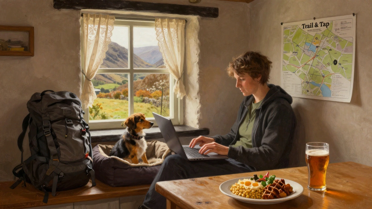 Remote worker in a Welsh cottage with dog, map, and local food beside their laptop.