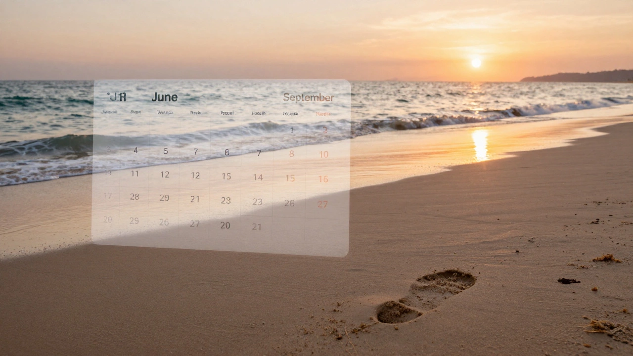 Silhouetted beach at sunset with calendar pages turning from June to September in background.