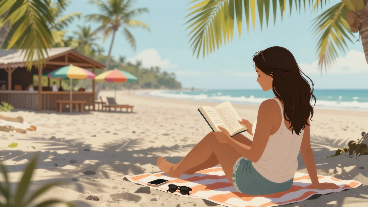 Solo woman relaxing on a tropical beach in Costa Rica with her phone and sunglasses beside her.