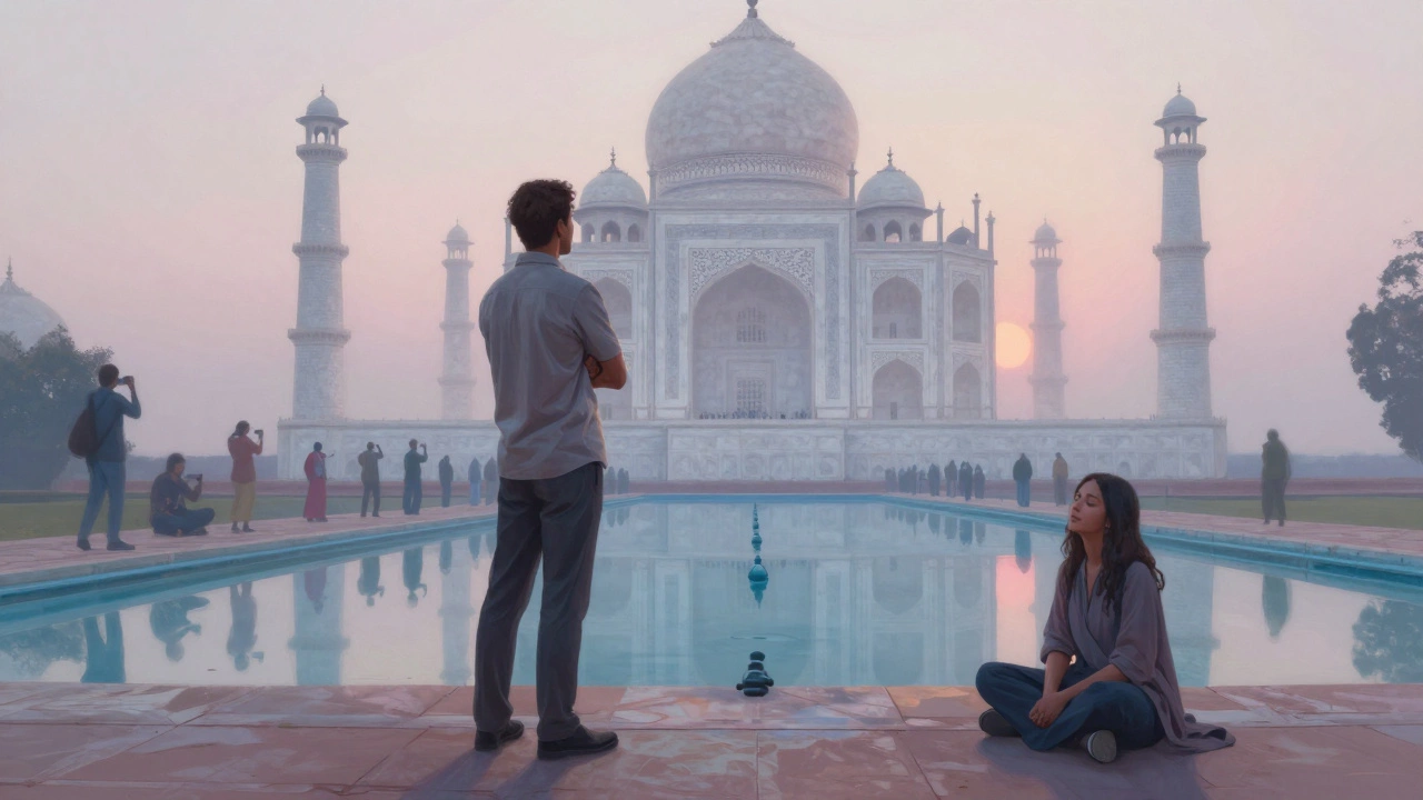 Tour guide reflecting at Taj Mahal, ghostly rushed tourists behind, one serene visitor sitting quietly ahead.