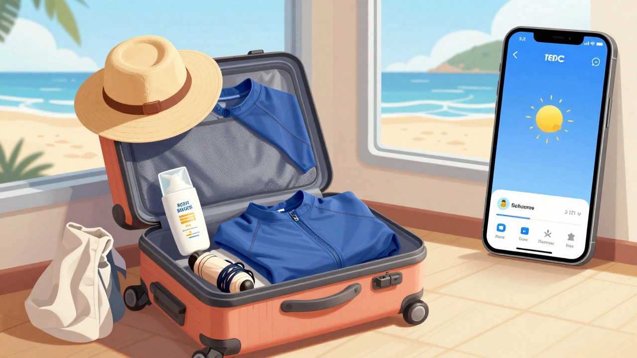 Traveler packing sunscreen, hat, rash guard, and umbrella for a shoulder-season beach trip.