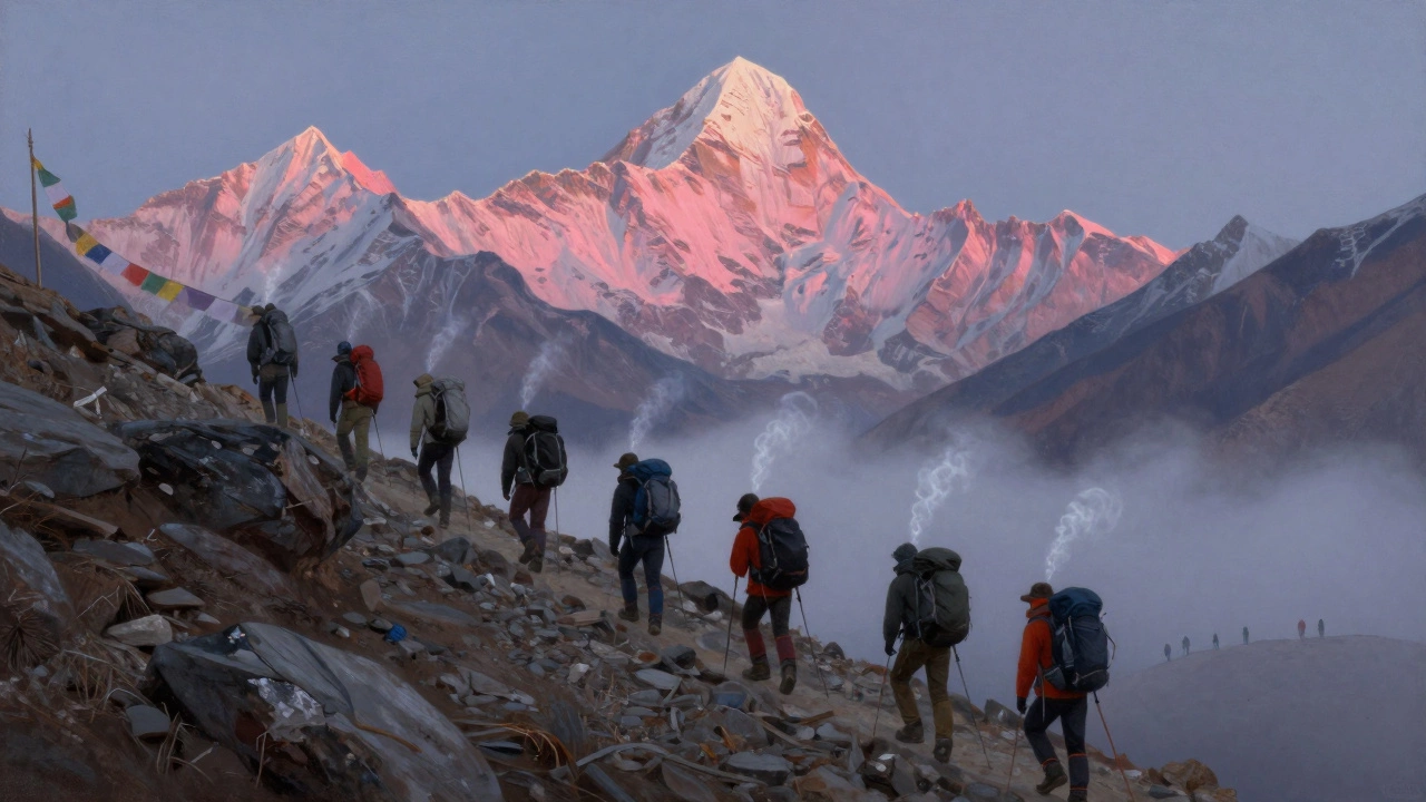 Trekkers climbing a high mountain trail in Nepal with prayer flags and snow-capped peaks.